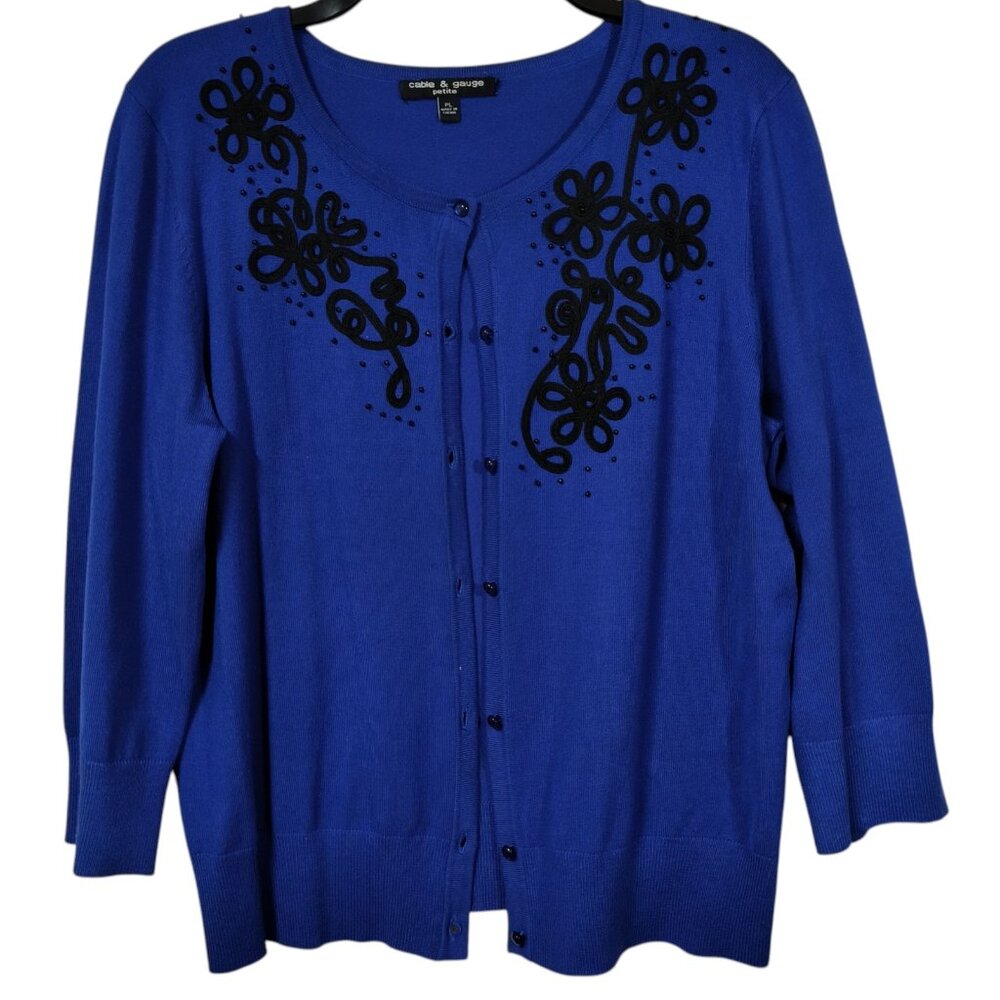 Cable & Gauge 3/4 Sleeve Cardigan Sweater Embellished Blue Women's Size PL Large